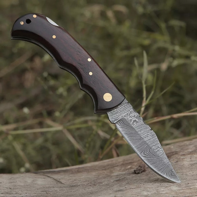 Handcrafted Patina Damascus Folding Knife - EDC Essential