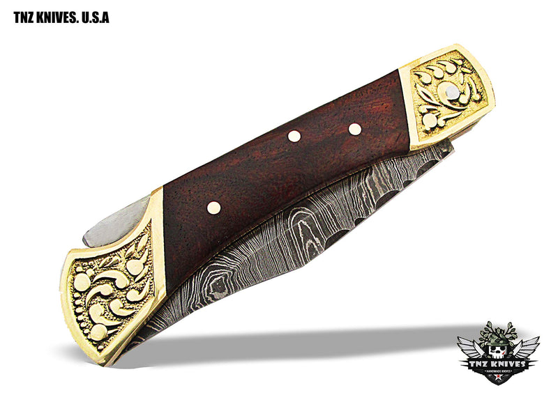 TNZ -519 USA Damascus Engraved Pocket Folding Knife, 7" Long with Rose Wood & Lock back