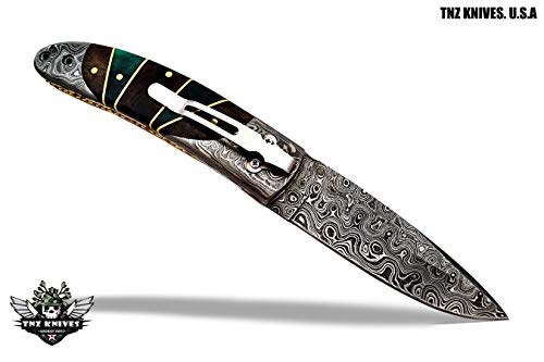 TNZ-463 USA Damascus Pocket Folding Knife, 8" Long with Stained Bone &Liner Lock