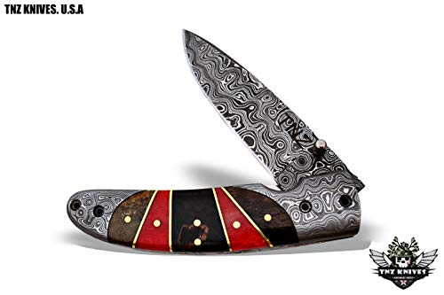 TNZ-462 USA Damascus Pocket Folding Knife,8" Long with Stained Wood $ Liner Lock