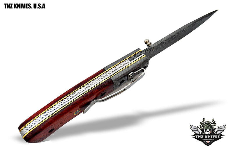 TNZ-472 USA Damascus Pocket Folding Knife, 8" Long with Padok Wood & Liner Lock