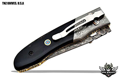 TNZ-467 USA Damascus Pocket Folding Knife, 8" Long with Buffalo Horn & Line Lock