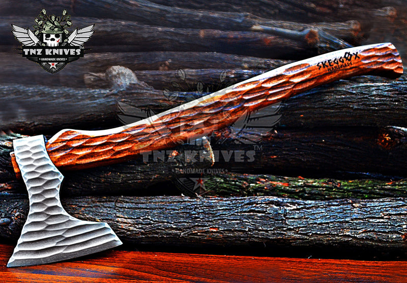 TNZ-620 Hand Forged 18"Inches Long Viking Axe| 1095 High Carbon Steel Head Rose Wood With Leather Wrap on Handle