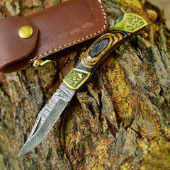 Handmade Damascus Steel Engraved Folding Knife With Sheath | Brass Engraved Bolster With Pakka Wood