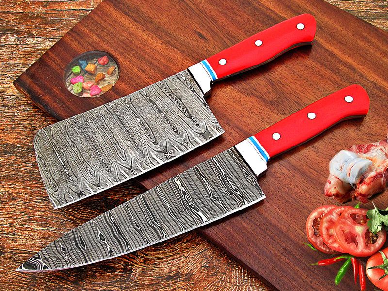 TNZ-640 Hand Forged Damascus Steel Chef Knife With Cleaver Knife, Damascus Steel Chopper, Damascus Steel Chef Set