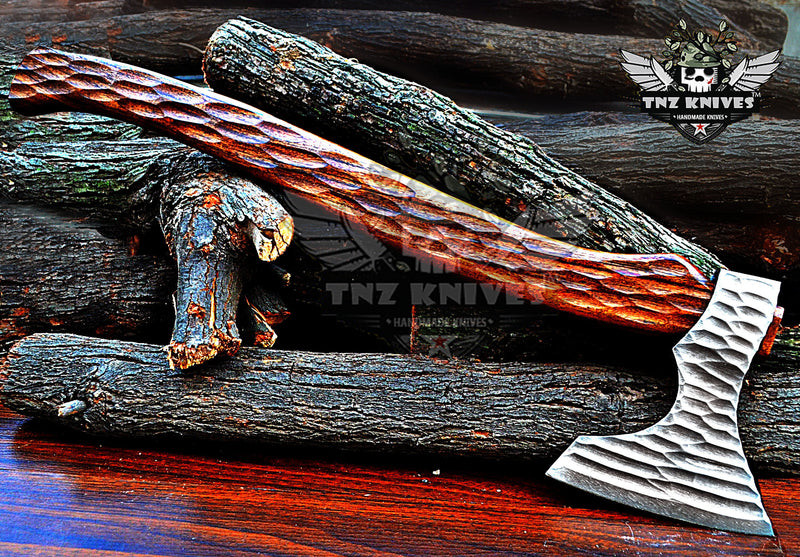 TNZ-620 Hand Forged 18"Inches Long Viking Axe| 1095 High Carbon Steel Head Rose Wood With Leather Wrap on Handle