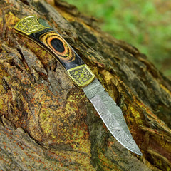 Handmade Damascus Steel Engraved Folding Knife With Sheath | Brass Engraved Bolster With Pakka Wood