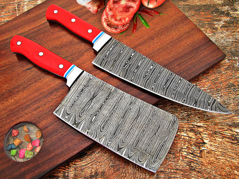 TNZ-640 Hand Forged Damascus Steel Chef Knife With Cleaver Knife, Damascus Steel Chopper, Damascus Steel Chef Set