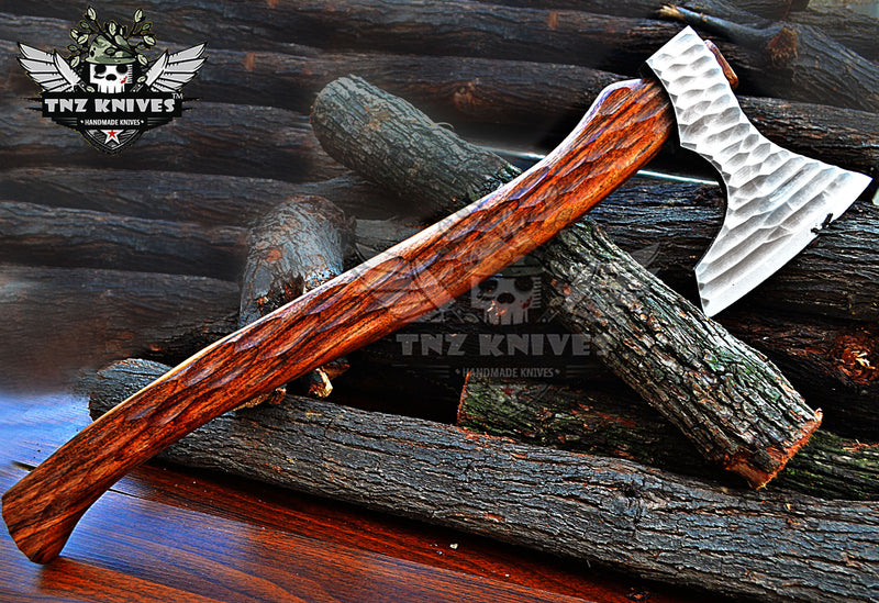 TNZ-620 Hand Forged 18"Inches Long Viking Axe| 1095 High Carbon Steel Head Rose Wood With Leather Wrap on Handle