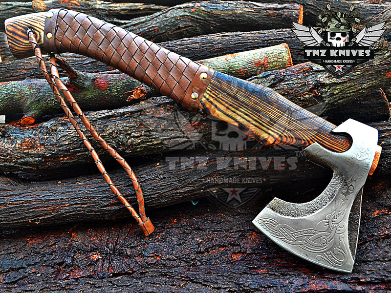 TNZ-624 Handmade High Carbon Steel Head Viking Axe | Ash Wood Handle With Leather Wrap |  Scandinavian Axe | Gift For Men | Christmas Gift