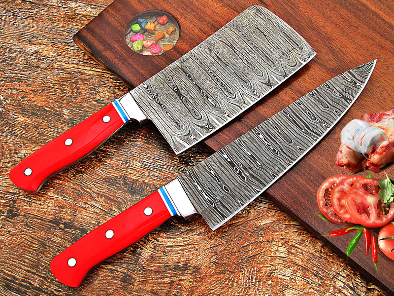 TNZ-640 Hand Forged Damascus Steel Chef Knife With Cleaver Knife, Damascus Steel Chopper, Damascus Steel Chef Set