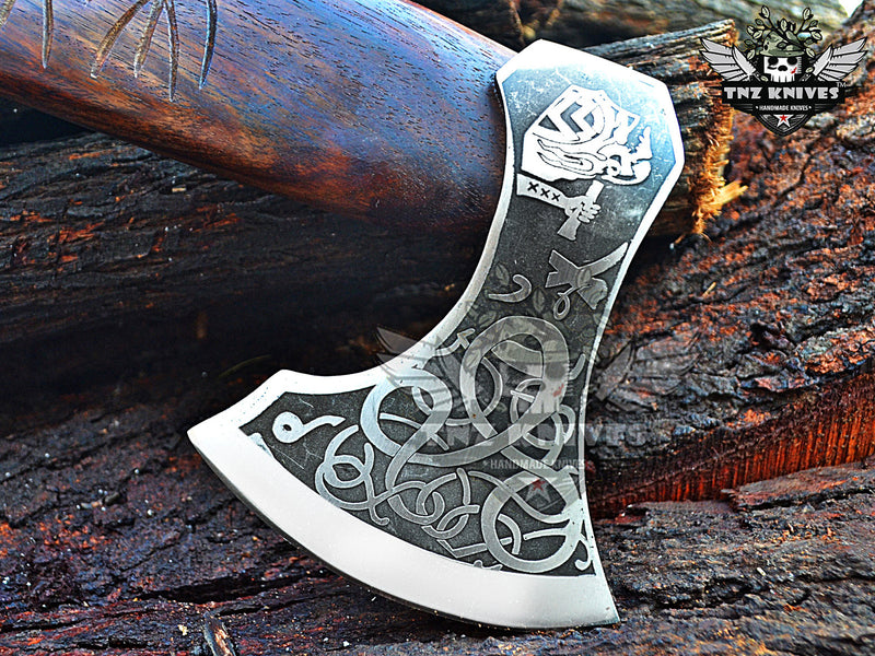 TNZ-627 Hand Forged High Carbon Steel Blade With Engraved Handle Viking Axe | Handmade Skeggox | Scandinavian Axe