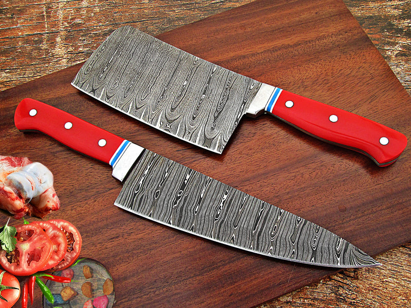 TNZ-640 Hand Forged Damascus Steel Chef Knife With Cleaver Knife, Damascus Steel Chopper, Damascus Steel Chef Set