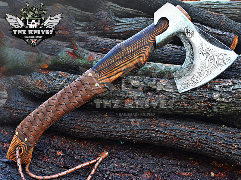 TNZ-624 Handmade High Carbon Steel Head Viking Axe | Ash Wood Handle With Leather Wrap |  Scandinavian Axe | Gift For Men | Christmas Gift