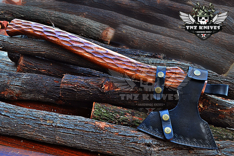 TNZ-620 Hand Forged 18"Inches Long Viking Axe| 1095 High Carbon Steel Head Rose Wood With Leather Wrap on Handle