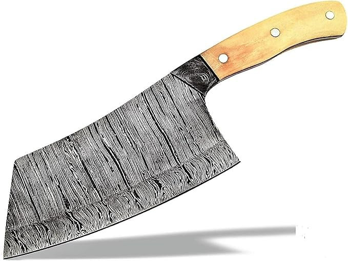 TNZ-635 Handmade Damascus Cleaver Knife - 12" Length, 7" Blade, 5" Bone Handle, with Leather Cover