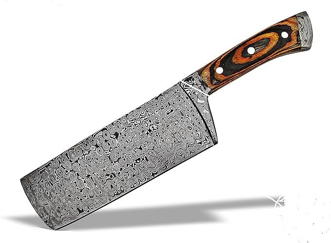 TNZ-636 Handmade Damascus Cleaver Knife – 12" Chopper with 7" Blade, 5" Wood Handle, and Leather Cover | TNZ Damascus Steel Cleaver