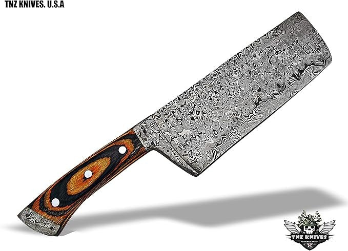 TNZ-636 Handmade Damascus Cleaver Knife – 12" Chopper with 7" Blade, 5" Wood Handle, and Leather Cover | TNZ Damascus Steel Cleaver