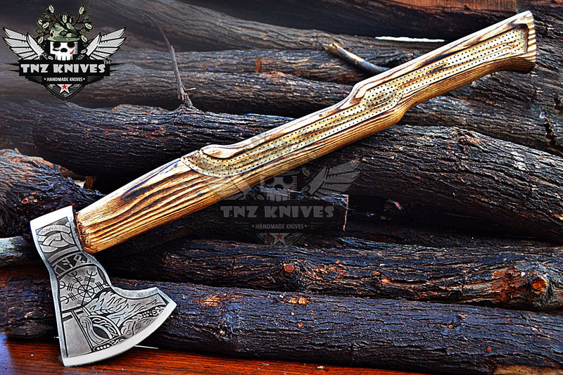 TNZ-621 Hand-Forged Helm Of Awe And Odin Symbol Viking Axe | Scandinavian Axe | Camping Axe