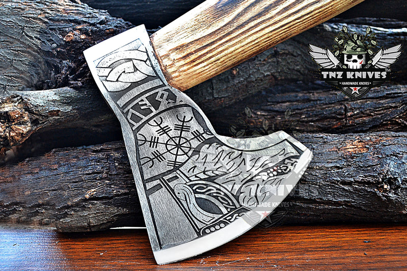 TNZ-621 Hand-Forged Helm Of Awe And Odin Symbol Viking Axe | Scandinavian Axe | Camping Axe