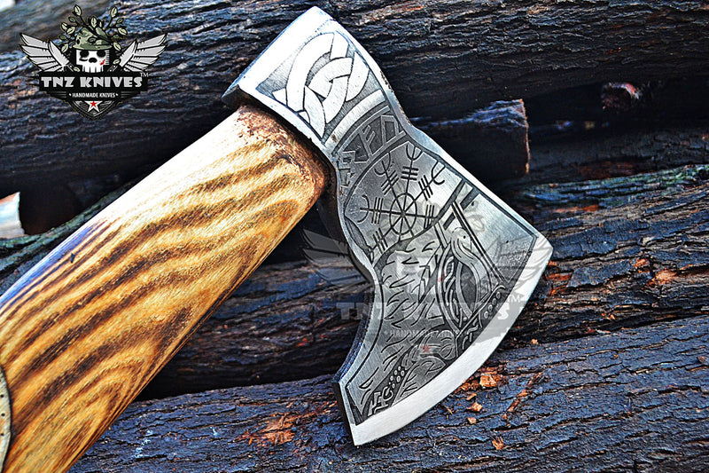 TNZ-621 Hand-Forged Helm Of Awe And Odin Symbol Viking Axe | Scandinavian Axe | Camping Axe