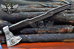 TNZ-622 Hand-Forged Helm Of Awe And Odin Symbol Viking Axe | Scandinavian Axe | Camping Axe