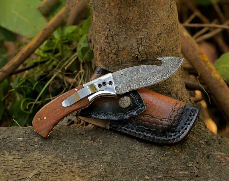 Custom Handmade Premium Folding Pocket Knife with Leather Sheath | Rosewood Handle & Damascus Steel Blade