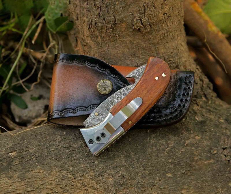 Custom Handmade Premium Folding Pocket Knife with Leather Sheath | Rosewood Handle & Damascus Steel Blade