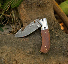 Custom Handmade Premium Folding Pocket Knife with Leather Sheath | Rosewood Handle & Damascus Steel Blade