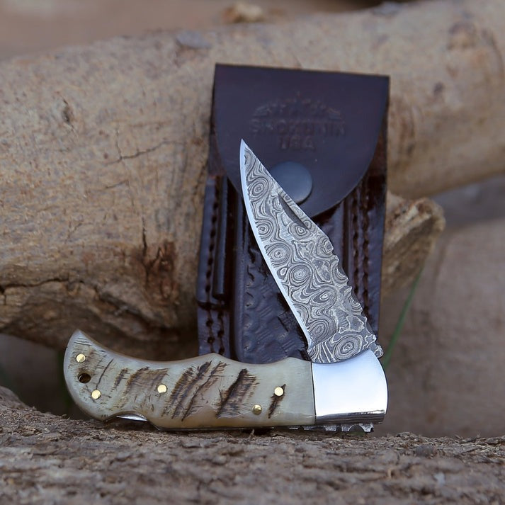 Hand-Forged Damascus Steel Folding Pocket Knife | Ram Horn Handle With Stainless Steel Bolster