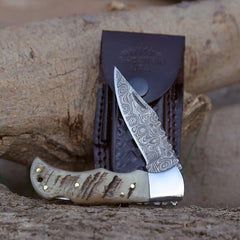 Hand-Forged Damascus Steel Folding Pocket Knife | Ram Horn Handle With Stainless Steel Bolster