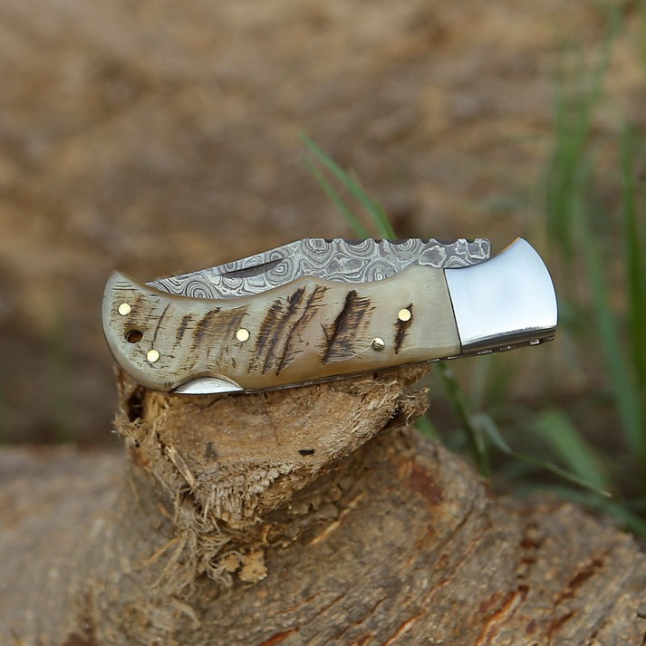 Hand-Forged Damascus Steel Folding Pocket Knife | Ram Horn Handle With Stainless Steel Bolster