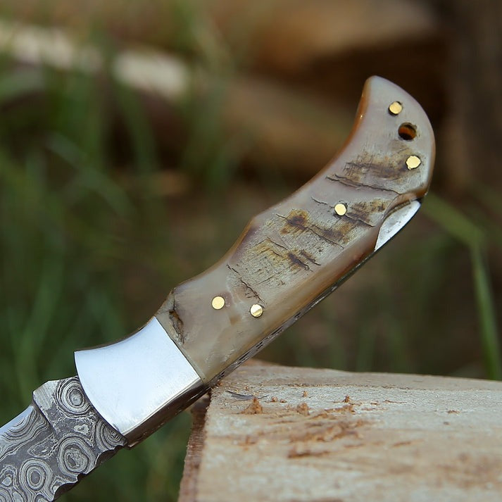 Hand-Forged Damascus Steel Folding Pocket Knife | Ram Horn Handle With Stainless Steel Bolster