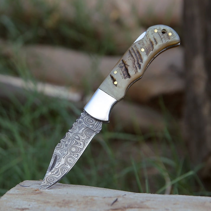 Hand-Forged Damascus Steel Folding Pocket Knife | Ram Horn Handle With Stainless Steel Bolster