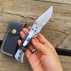 Handmade Damascus Steel Folding Pocket Knife With Leather Sheath Easy Lock Knife | Ram Horn Handle Damascus Steel Bolster