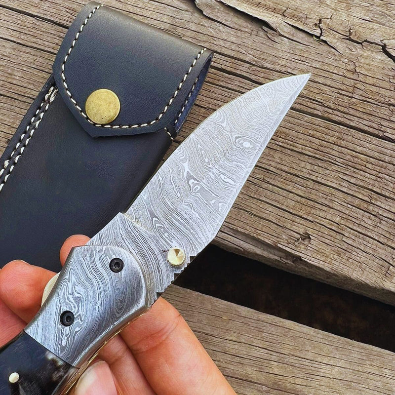 Handmade Damascus Steel Folding Pocket Knife With Leather Sheath Easy Lock Knife | Ram Horn Handle Damascus Steel Bolster