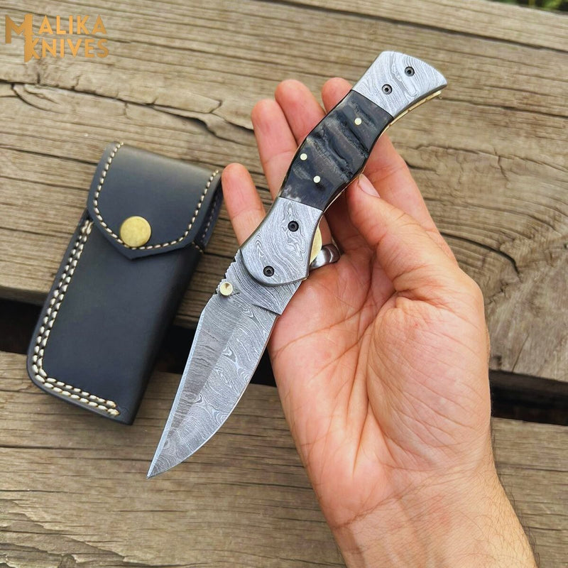 Handmade Damascus Steel Folding Pocket Knife With Leather Sheath Easy Lock Knife | Ram Horn Handle Damascus Steel Bolster