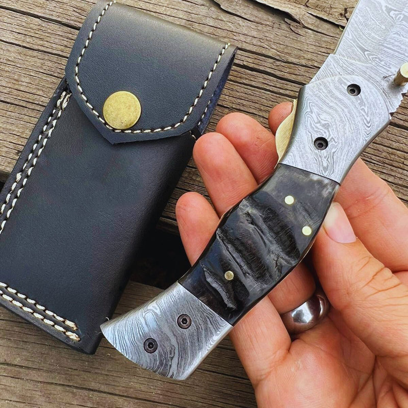 Handmade Damascus Steel Folding Pocket Knife With Leather Sheath Easy Lock Knife | Ram Horn Handle Damascus Steel Bolster