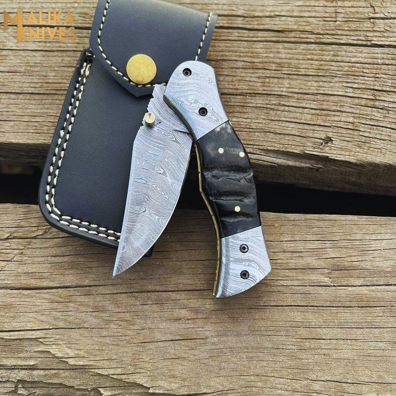 Handmade Damascus Steel Folding Pocket Knife With Leather Sheath Easy Lock Knife | Ram Horn Handle Damascus Steel Bolster