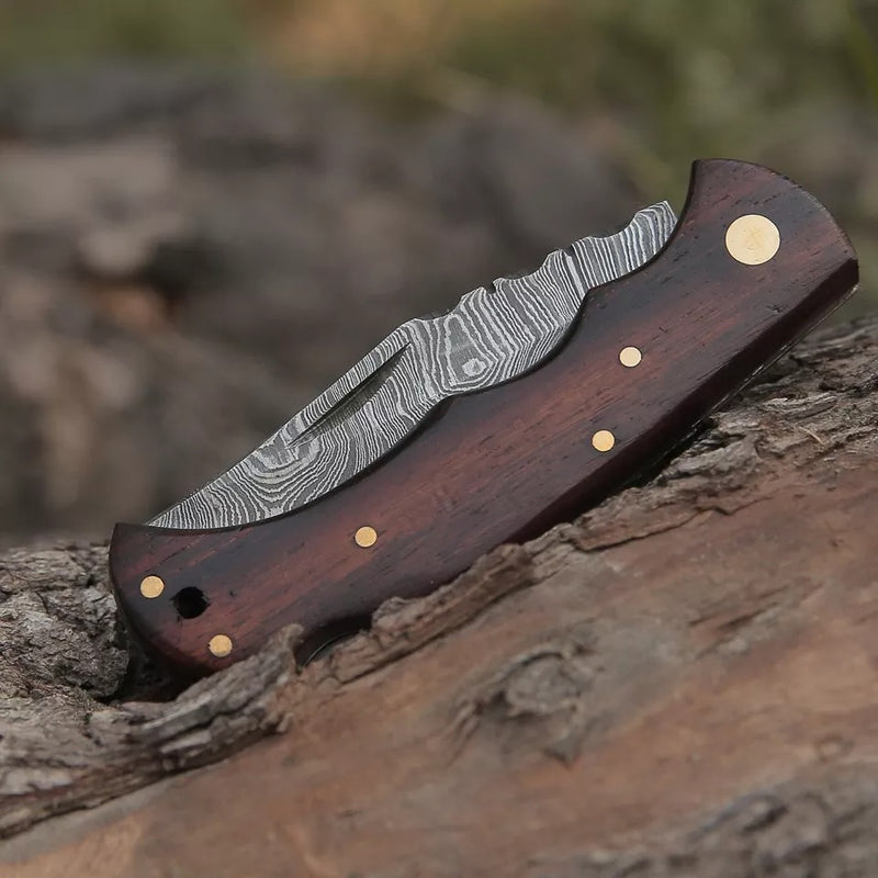 Handmade Damascus Steel EDC Survival Folding Pocket Knife | Rosewood Handle & Damascus Steel Blade Back Lock Folding Knife