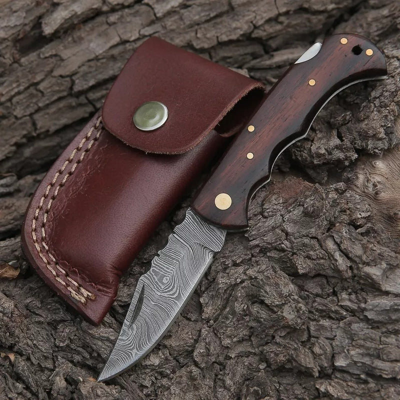 Handmade Damascus Steel EDC Survival Folding Pocket Knife | Rosewood Handle & Damascus Steel Blade Back Lock Folding Knife