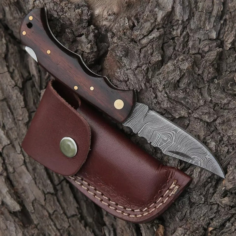 Handmade Damascus Steel EDC Survival Folding Pocket Knife | Rosewood Handle & Damascus Steel Blade Back Lock Folding Knife