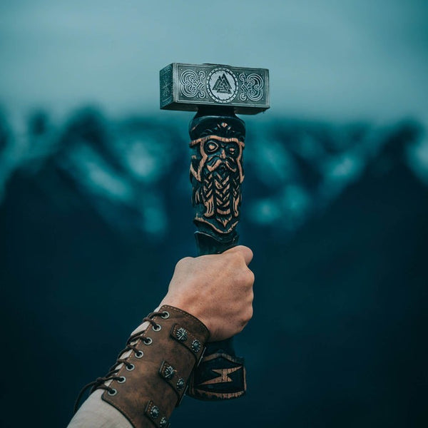 Odin-Inspired Viking Hammer with Carved Handle | Nordic Decorative