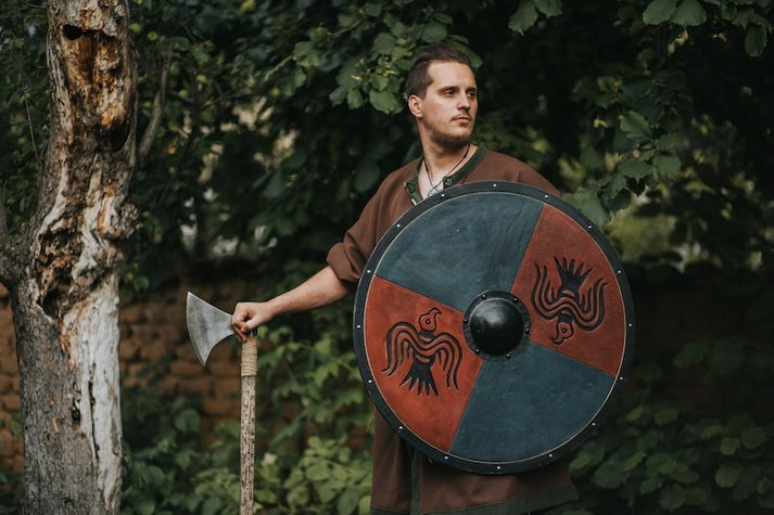 Hand-Carved Viking Shield Featuring Odin's Ravens, Huginn and Muninn