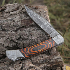 Handamde Damascus Steel EDC Folding Pocket Knife – Orange  Edition | Pakka Wood Handle with Damascus Steel Bolster