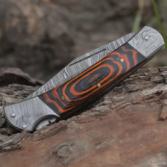 Handamde Damascus Steel EDC Folding Pocket Knife – Orange  Edition | Pakka Wood Handle with Damascus Steel Bolster