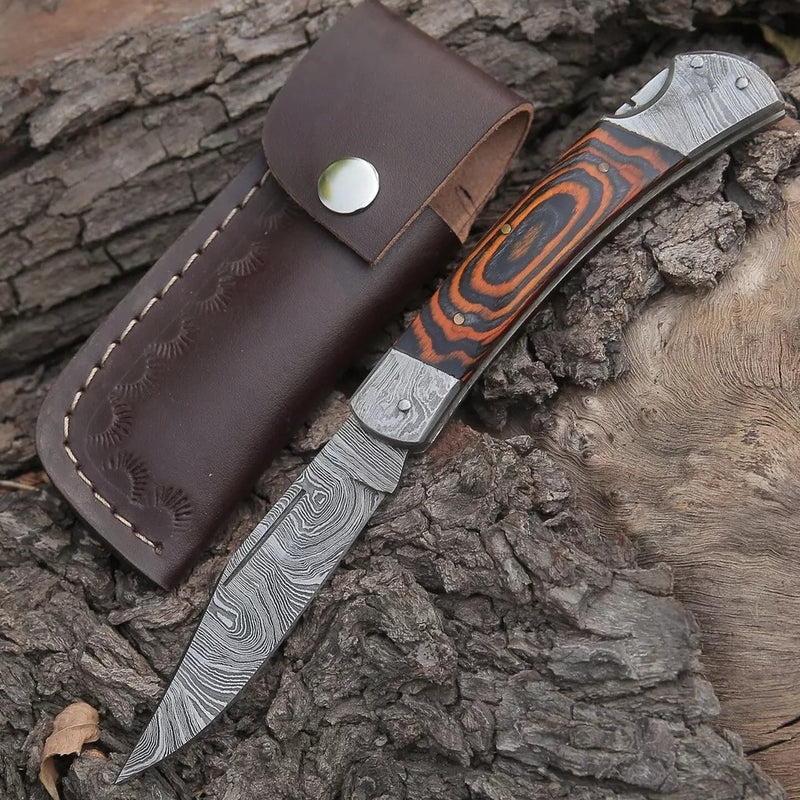 Handamde Damascus Steel EDC Folding Pocket Knife – Orange  Edition | Pakka Wood Handle with Damascus Steel Bolster