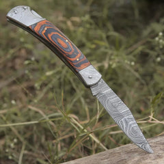 Handamde Damascus Steel EDC Folding Pocket Knife – Orange  Edition | Pakka Wood Handle with Damascus Steel Bolster