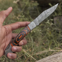 Handamde Damascus Steel EDC Folding Pocket Knife – Orange  Edition | Pakka Wood Handle with Damascus Steel Bolster