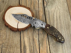 Hand-Forged Damascus Steel Folding Pocket Knife | Ram Horn Handle & Damascus Steel Bolster